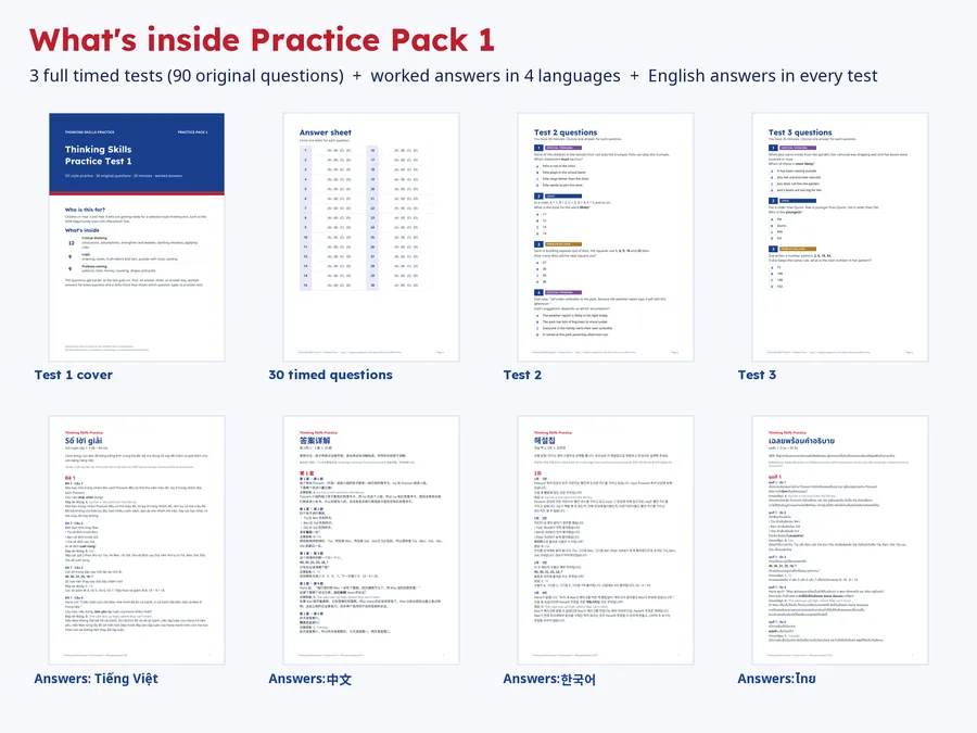 What is inside OC Practice Pack 1: three tests, answer sheets, answer keys and worked answer booklets in four languages