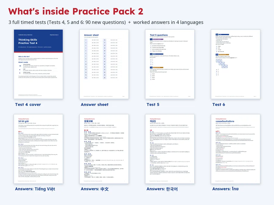 What is inside OC Practice Pack 2: three new tests with answer keys and worked answer booklets in four languages